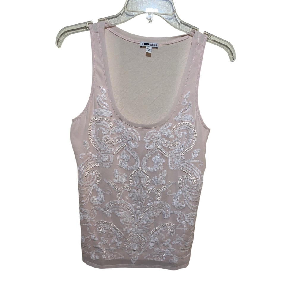Express Pink Sequin Beaded Damask Tank Top Scoop‎ Neck Sleeveless Small